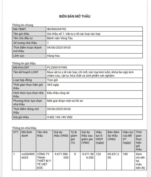 Biên bản mở thầu gói thầu số 1: Vật tư y tế các loại các loại. (Nguồn: MSC)