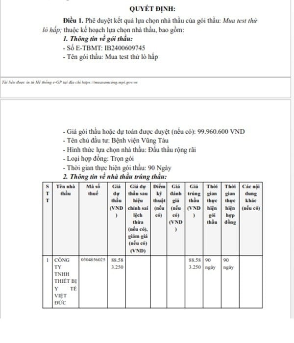 Một phần trong quyết định phê duyệt KQLCNT Gói thầu Mua test thử lò hấp. (Nguồn: MSC)