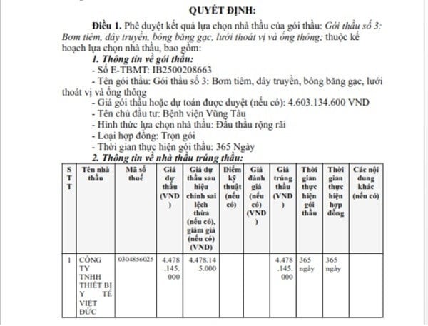 Một phần trong Quyết định phê duyệt KQLCNT Gói thầu số 3: Bơm tiêm, dây truyền, bông băng gạc, lưới thoát vị và ống thông, thuộc dự toán mua vật tư y tế các loại, chỉ mổ, các loại kim luồn, khóa ba ngã, kim châm cứu, vật tư, hóa chất và sinh phẩm xét nghiệm. (Nguồn MSC)