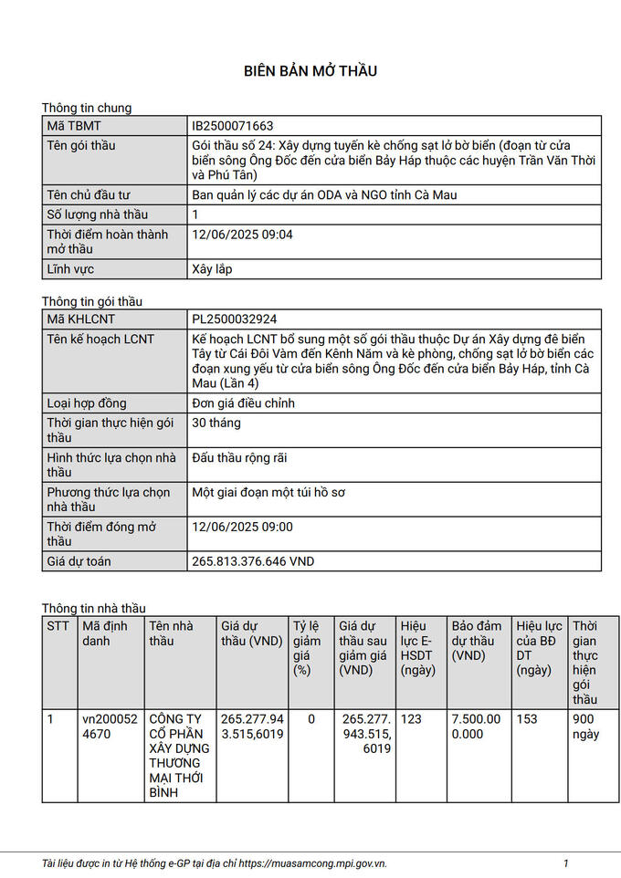 Biên bản mở thầu (Nguồn MSC)