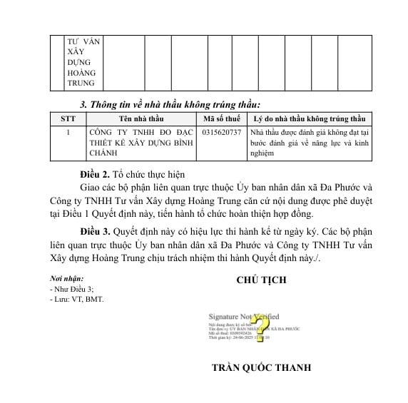 Ông Trần Quốc Thanh - Chủ tịch UBND xã Đa Phước huyện Bình Chánh đã ký Quyết định KQ2500257961_2506240808 Công ty TNHH Tư vấn Xây dựng Hoàng Trung trúng thầu với giá hơn 387 triệu đồng. Nguồn: MSC