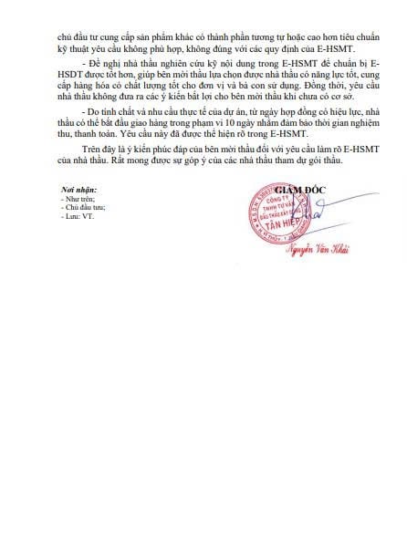 Công văn Số: 01/CV-TH, trả lời yêu cầu làm rõ E-HSMT của các nhà thầu tham dự gói thầu. Nguồn MSC