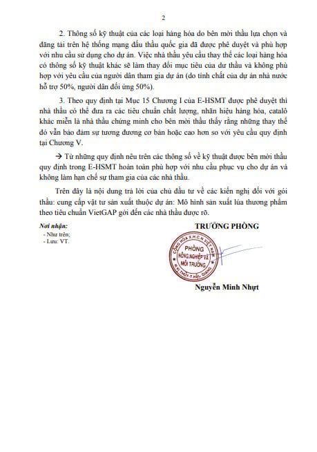 Công văn số 168/NNMT, Phòng Nông nghiệp và Môi trường huyện Vị Thủy trả lời kiến nghị. Nguồn MSC