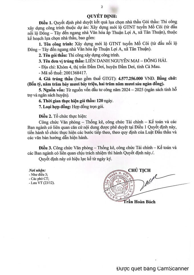 Trích Quyết định số 526/QĐ-UBND ngày 23/12/2024 của UBND xã Tân Thuận phê duyệt Liên danh Nguyễn Mai – Đông Hải trúng thầu (Nguồn MSC)