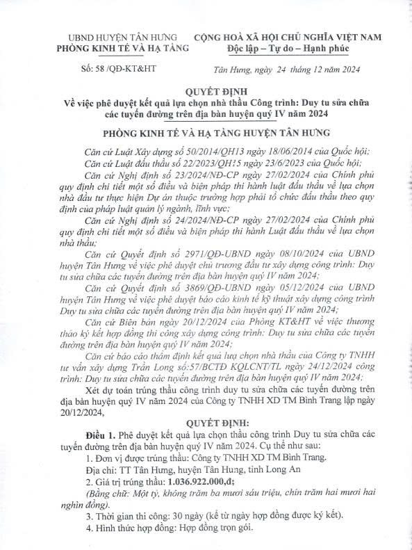 Một phần của Quyết định 58/QĐ-KTHT ngày 24/12/2024 của Phòng Kinh tế, Hạ tầng và Đô thị huyện Tân Hưng. Nguồn: MSC