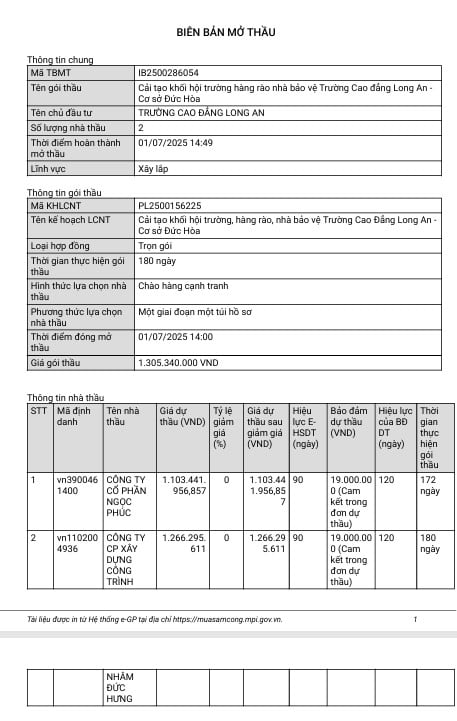 Biên bản mở thầu đã công bố ngày 1/7/2025. Nguồn: MSC