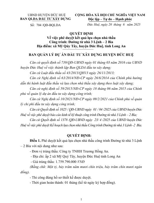 Một phần Quyết định 704/QĐ-BQLDA ngày 20/6/2025 của Ban Quản lý dự án đầu tư xây dựng huyện Đức Huệ. Nguồn: MSC