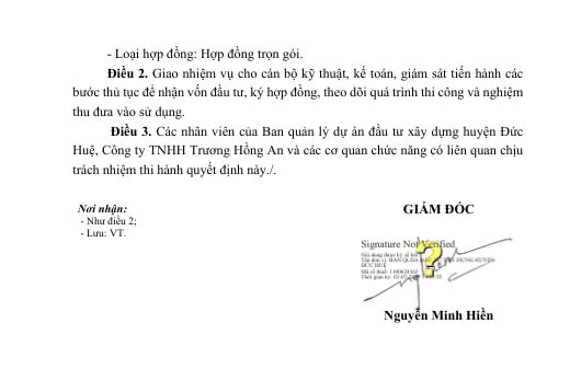 Quyết định phê duyệt kết quả lựa chọn nhà thầu đề ngày 20/6/2025, tuy nhiên trên văn bản thể hiện ngày ký văn bản là 2/7/2025 (ký lúc 14:57:55) do ông Nguyễn Minh Hiền – Giám đốc Ban Quản lý dự án đầu tư xây dựng huyện Đức Huệ ký số. Nguồn: MSC