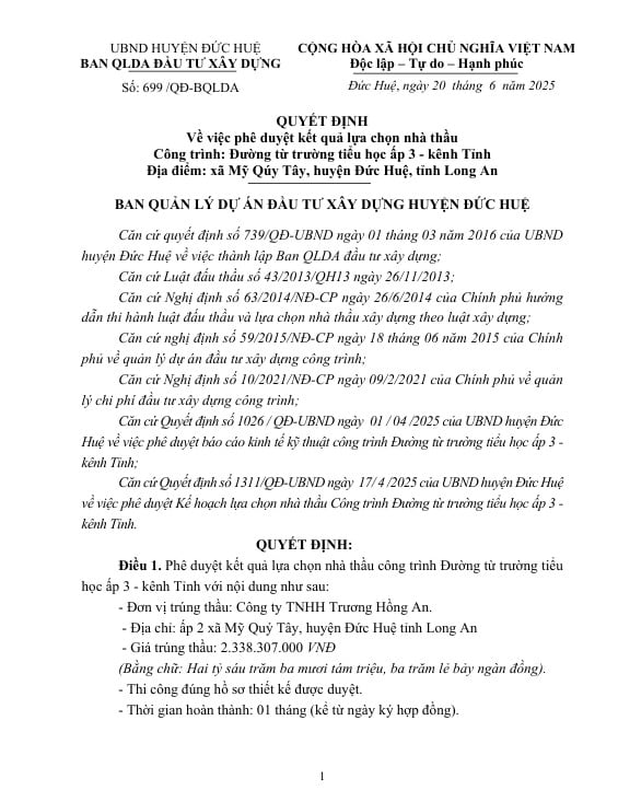 Một phần Quyết định 699/QĐ-QLDA của Ban Quản lý dự án đầu tư xây dựng huyện Đức Huệ. Nguồn: MSC