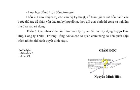 Quyết định phê duyệt kết quả lựa chọn nhà thầu đề ngày 20/6/2025, tuy nhiên trên văn bản thể hiện ngày ký văn bản là 2/7/2025 (ký lúc 14:53:05) do ông Nguyễn Minh Hiền – Giám đốc Ban Quản lý dự án đầu tư xây dựng huyện Đức Huệ ký số. Nguồn: MSC
