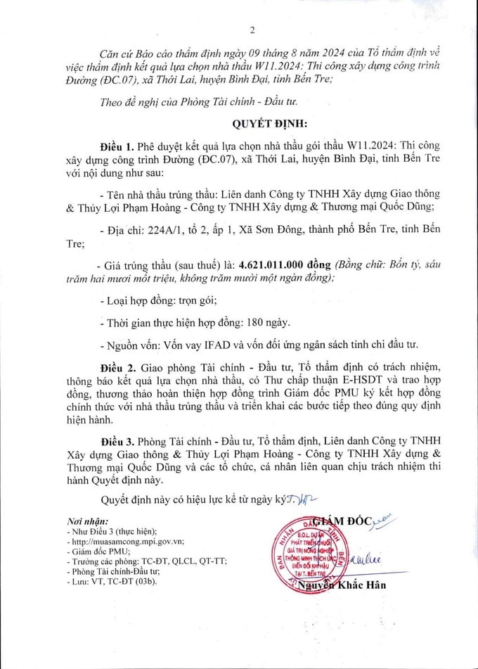 rích Quyết định số 934/QĐ-PMU, Ban CSAT Bến Tre phê duyệt cho Liên danh Phạm Hoàng - Quốc Dũng trúng thầu (Nguồn MSC)