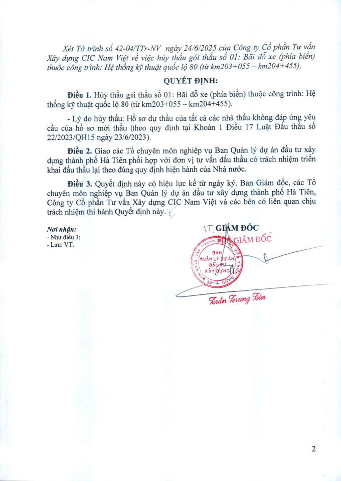 Trích Quyết định số 170/QĐ-BQL về việc phê duyệt hủy thầu gói thầu số 01 (Nguồn MSC)