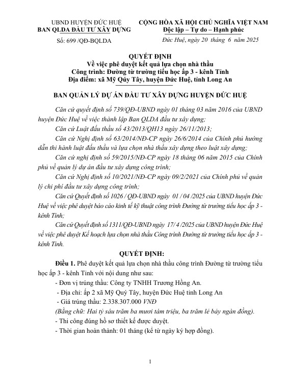 Một phần Quyết định 699/QĐ-QLDA của Ban Quản lý dự án đầu tư xây dựng huyện Đức Huệ. Nguồn: MSC