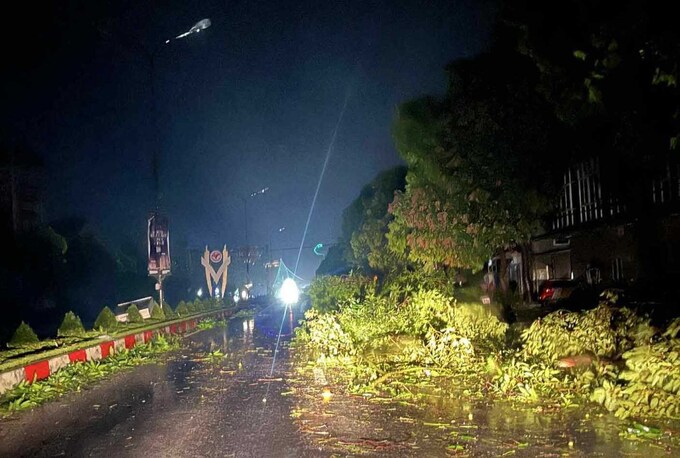 Cây đổ la liệt chắn ngang đường phố tại khu vực TP Vinh (cũ) tỉnh Nghệ An. Ảnh: Ngọc Anh