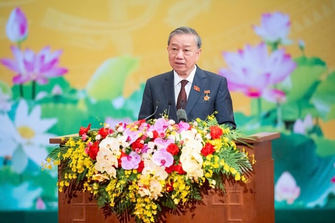 Tổng Bí thư Tô Lâm phát biểu tại cuộc gặp mặt. Ảnh: Phạm Thắng