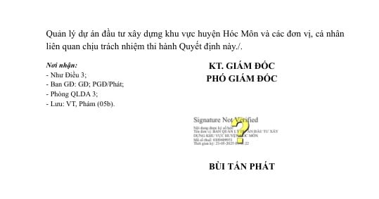 Ngày 23/5, ông Bùi Tấn Phát - Phó Giám đốc Ban QLDA huyện Hóc Môn đã ký Quyết định KQ2500147836_2505230924 Công ty TNHH Xây dựng – Thương mại – Dịch vụ Lê Văn Minh trúng thầu. Nguồn: MSC