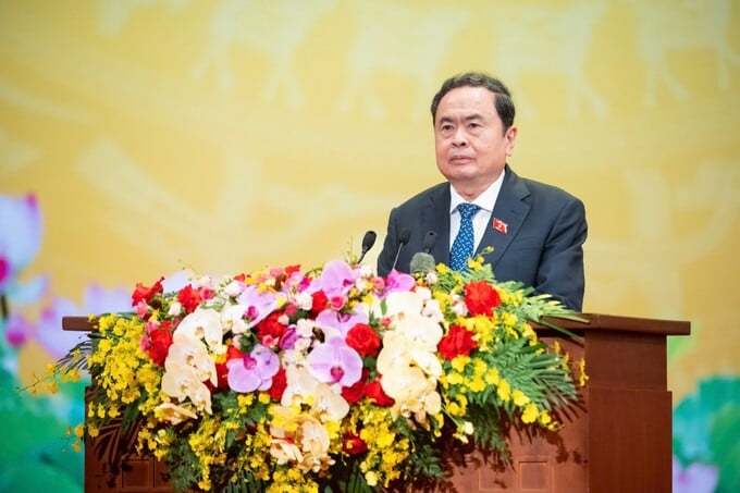 Chủ tịch Quốc hội Trần Thanh Mẫn phát biểu tại cuộc gặp mặt. Ảnh: Phạm Thắng