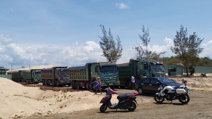 Đoàn xe ben vận chuyển cát ra khỏi dự án. ẢNH: NGUYỄN LONG