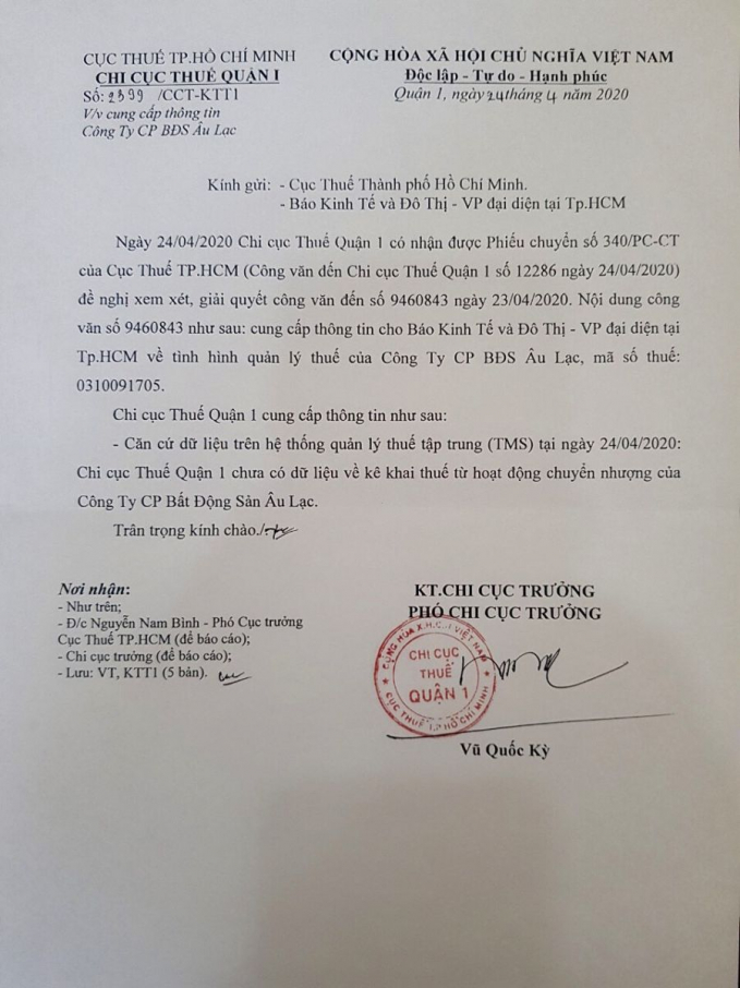 Cơ quan thuế TP Hồ Chí Minh không dòng thông tin nào về trạng thái thuế của Công ty Kim Oanh trong thương vụ mua bán này
