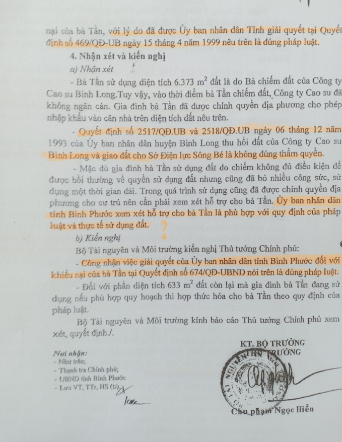 Kết luận của Bộ Tài nguyên và Môi trường báo cáo Thủ tướng về việc: UBND THị xã Bình Long thu hồi đất của dân để phân lô, bán nền là không đúng thẩm quyền.