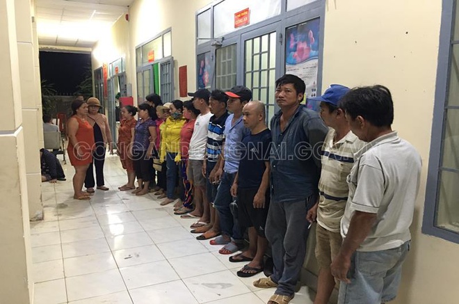 Nhóm con bạc bị công an bắt giữ trong vườn chôm chôm. Ảnh: Công an cung cấp.