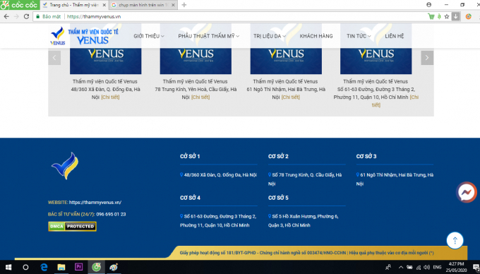 Thẩm mỹ viện Quốc tế Venus đăng thông tin về số giấy phép hoạt động và chứng chỉ hành nghề của Bệnh viện Thẩm mỹ Kangnam - Ảnh chụp từ website thammyvenus.vn