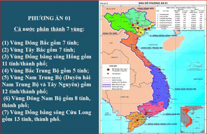 Từ cơ sở 06 vùng kinh tế - xã hội, thực hiện Luật Quy hoạch, Bộ Kế hoạch và Đầu tư xây dựng hai phương án phân vùng giai đoạn 2021-2020. Trong ảnh là phương án 1.