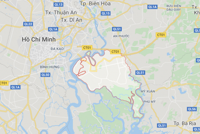 Huyện Nhơn Trạch nhìn từ bản đồ.