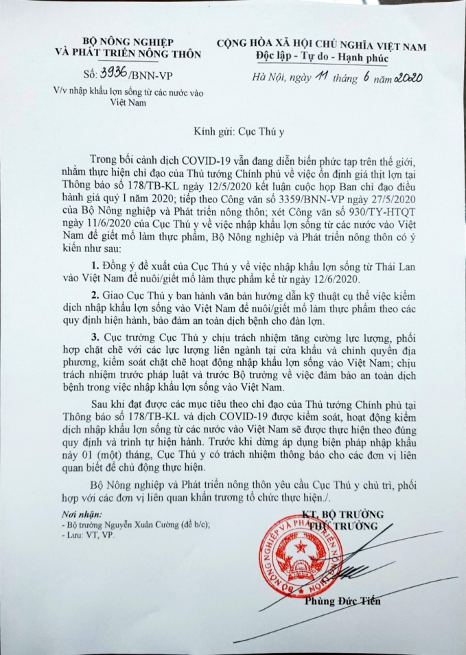 Bộ NN-PTNT đồng ý với đề xuất của Cục Thú y về việc nhập khẩu lợn sống từ Thái Lan vào Việt Nam.