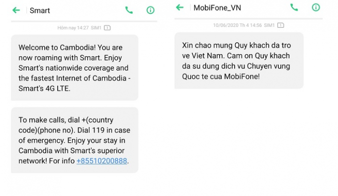 Khi đi vào và ra khu vực cụm dự án Lộc Ninh phóng viên nhận được các tin nhắn viễn thông như thế này. (Ảnh: Trần Tú)
