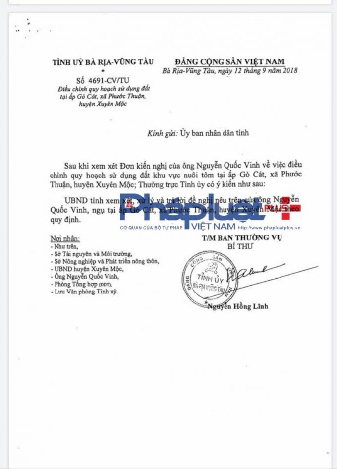 Công văn số 4691-CV/TU ngày 12/9/2018 của Tỉnh ủy tỉnh Bà Rịa – Vũng Tàu.