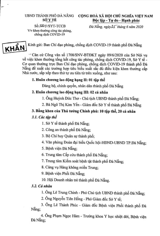 Văn bản ngày 25/6, sau khi Hội đồng thi đua khen thưởng TP Đà Nẵng họp, đề xuất đưa bà Ngô Thị Kim Yến vào danh sách cá nhân đề xuất tặng Huân chương Lao động hạng III. Theo bà Yến, Sở Y tế TP Đà Nẵng là cơ quan Thường trực Ban chỉ đạo phòng chống dịch COVID-19 của TP Đà Nẵng có nhiệm vụ lập văn bản đề xuất theo đúng thủ tục hành chính.