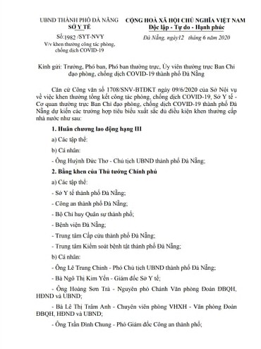Văn bản đề xuất ngày 12/6/2020 không có tên bà Ngô Thị Kim Yến (Giám đốc sở Y tế TP Đà Nẵng) trong danh sách cá nhân đề xuất tặng Huân chương Lao động hạng III.