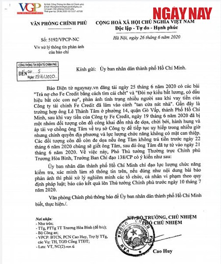 Văn bản truyền tải chỉ đạo của Phó Thủ tướng thường trực Trương Hòa Bình.