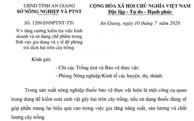 Văn bản của Sở NN7PTNT tỉnh An Giang