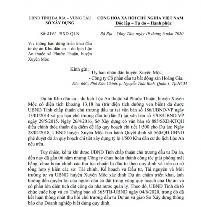 Sở Xây dựng tỉnh Bà Rịa – Vũng Tàu vừa có văn gửi UBND huyện Xuân Lộc thông báo tạm dừng triển khai đầu tư dự án Khu dân cư – du lịch Lộc An (xã Phước Thuận, huyện Xuyên Mộc).
