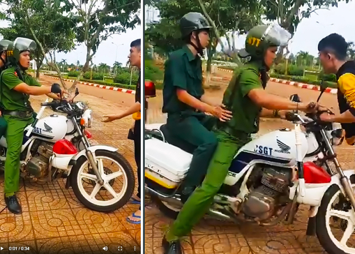 hiếu uý Nguyễn Xuân Anh điều khiển mô tô lao vào anh Th. khi anh Th. yêu cầu trả lại chìa khoá. Ảnh: Cắt từ clip.