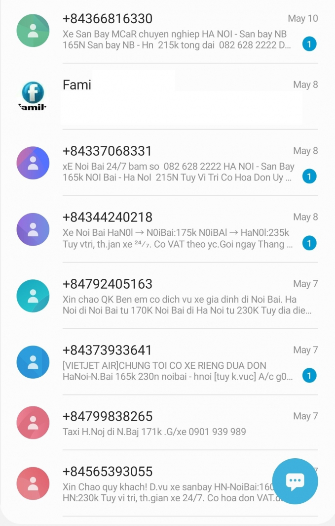 Danh sách tin nhắn mời dịch vụ xe sân bay Nội Bài
