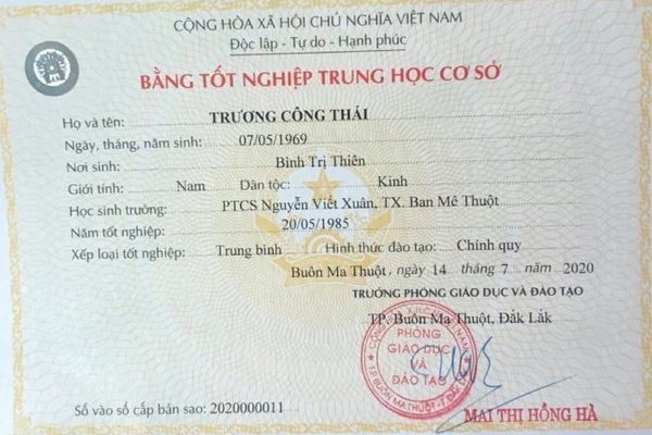 Bản sao Bằng tốt nghiệp THCS của ông Thái do phòng GDĐT TP Buôn Ma Thuột cấp.