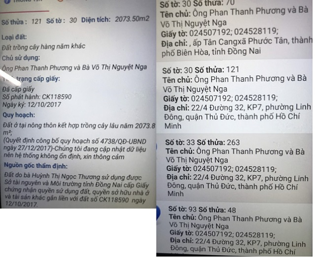 Nhiều thửa đất khác do ông Phan Thanh Phương và bà Võ Thị Nguyệt Nga sở hữu (Ảnh: HD)