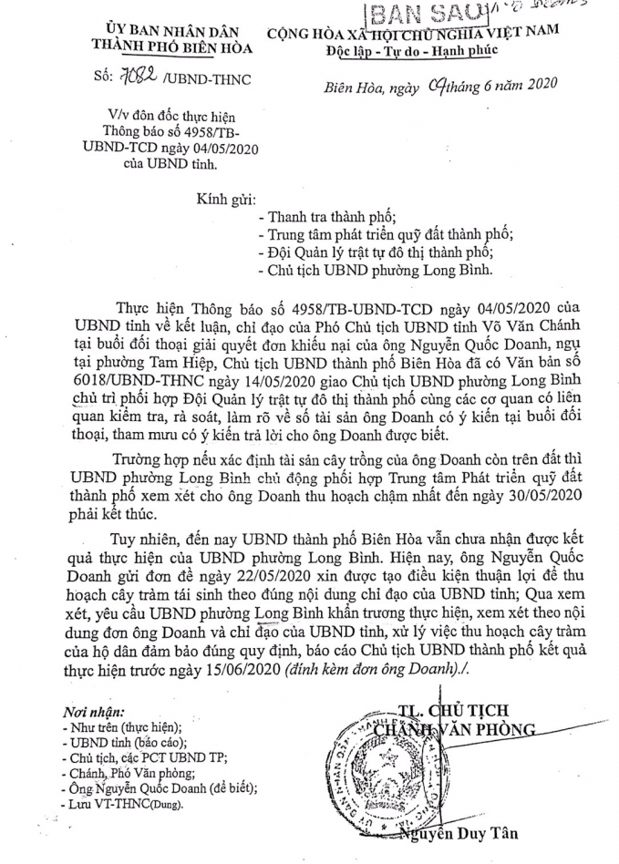 Văn bản số 7082/UBND-THNC ngày 4/6/2020 của UBND TP Biên Hòa đôn đốc thực hiện Thông báo số 4958/TB-UBND-TCD ngày 4/5/2020 của UBND tỉnh”