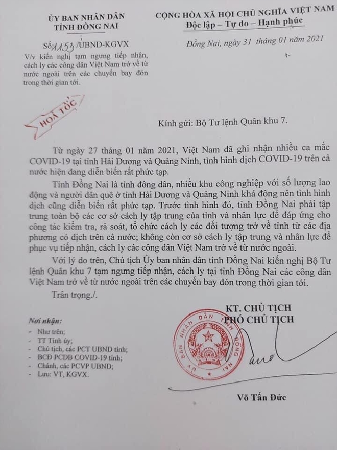 Công văn kiến nghị tạm ngưng tiếp nhận, cách ly các công dân Việt Nam trở về từ nước ngoài.