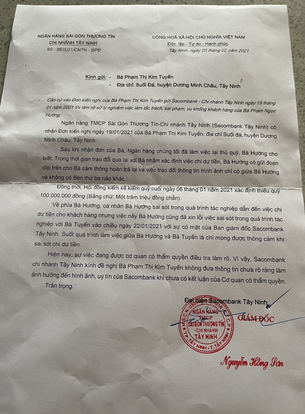 Văn bản của ngân hàng Sacombank Tây Ninh yêu cầu bà Tuyến không được cung cấp thông tin ra bên ngoài gây ảnh hưởng uy tín khách hàng