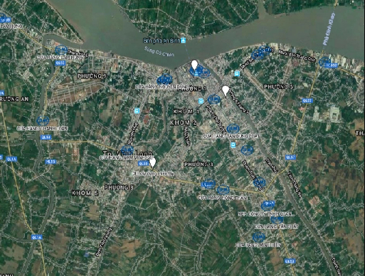 TP Vĩnh Long là đô thị ven sông Cổ Chiên có tuyến giao thông huyết mạch là QL 1A đi qua. Ảnh: Google map.