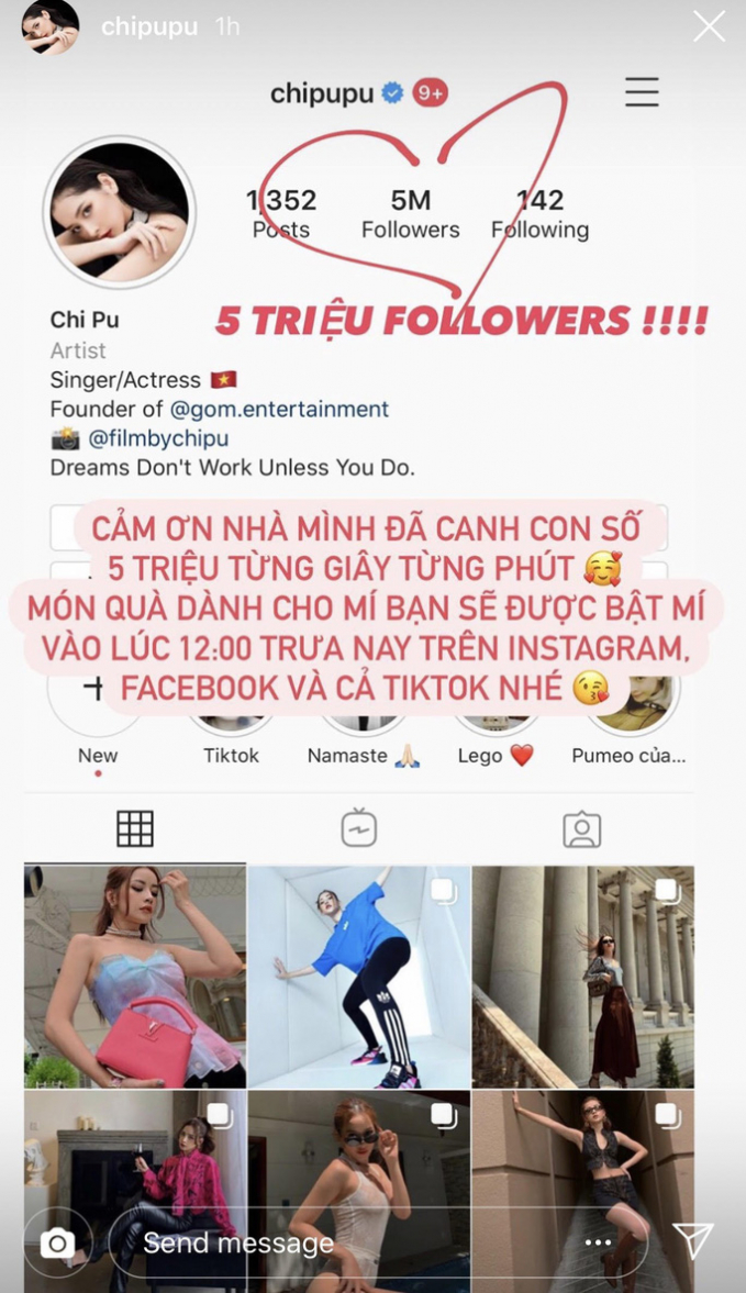 Chi Pu khoe chạm mốc 5 triệu người theo dõi trên Instagram