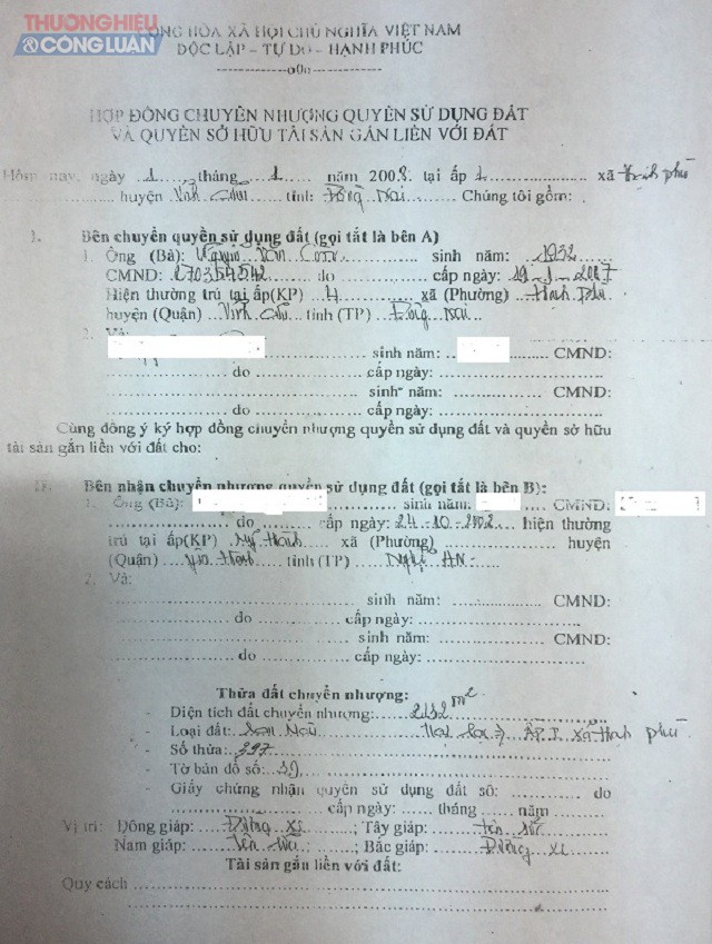 Hợp đồng chuyển nhượng đất giữa ông Còn và ông H