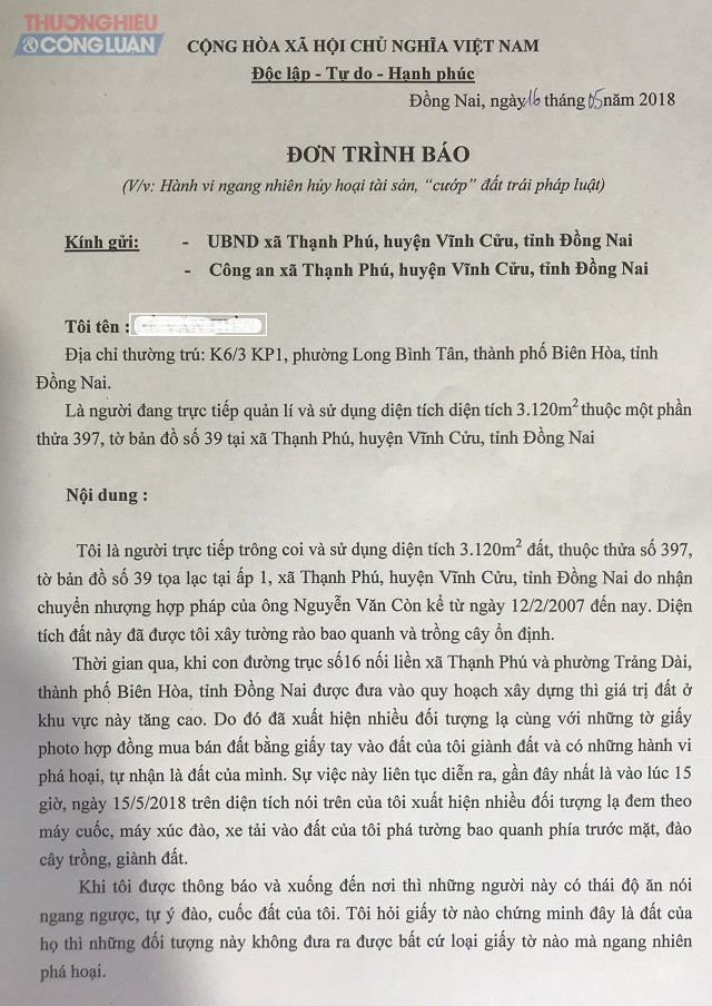 Đơn cầu cứu của ông L.V.H gởi đến các cơ quan chức năng