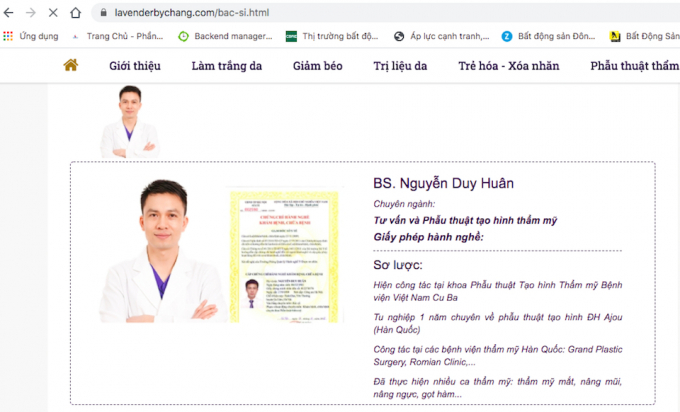 Thông tin giới thiệu về bác sĩ Nguyễn Duy Huân trên website chính thức của VTM Lavender By Chang cho thấy, cơ sở này có hợp tác với bác sĩ Huân.