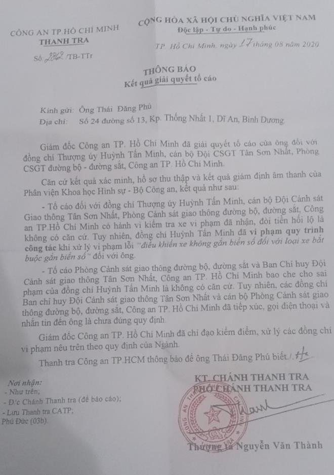 Thông báo của Thanh tra Công an TP.HCM.