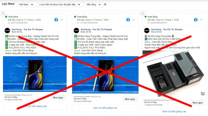 Những quảng cáo giả mạo thương hiệu Samsung và Shopee xuất hiện trên Facebook.